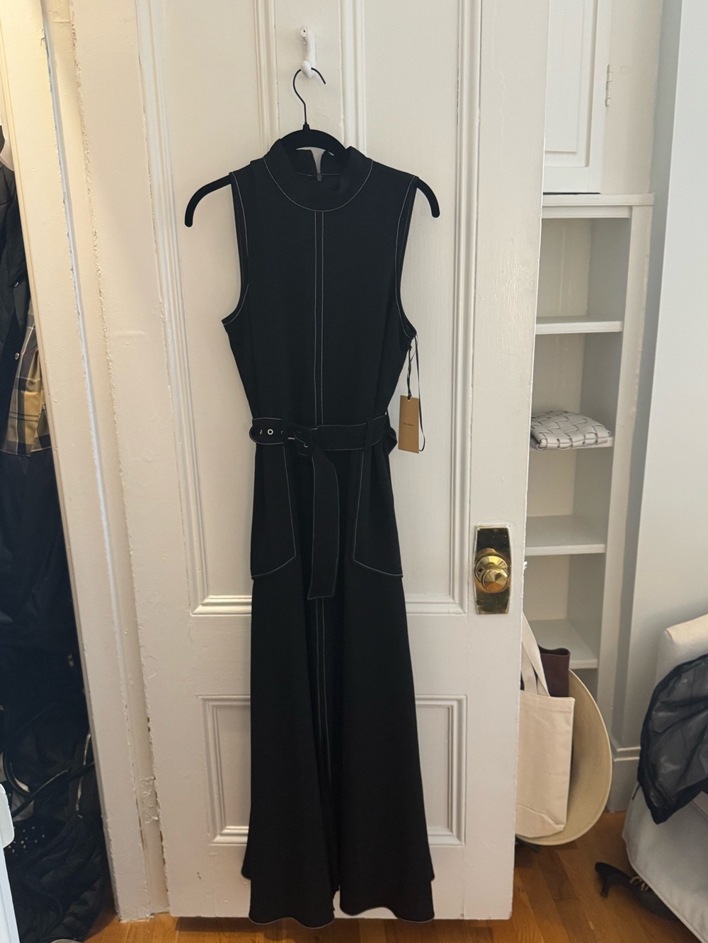 Nordstrom Black Sleeveless Belted Maxi Dress with Contrast Stitching